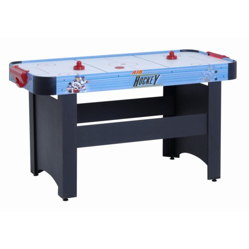 Stół do cymbergaja z niebieskim blatem ozdobionym grafiką hokeisty i napisem "AIR HOCKEY", posiada czerwone elementy do gry oraz czarne nogi. Na bokach stołu widoczne są uchwyty na krążki.