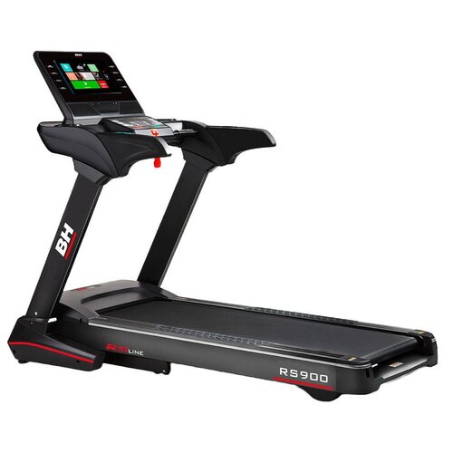 Bieżnia elektryczna BH FITNESS RS900 o mocy 2940W i maksymalnej prędkości 22 km/h, z widocznym panelem sterowania i wyświetlaczem. Na ramie bieżni znajdują się napisy "BH" oraz "RS900".