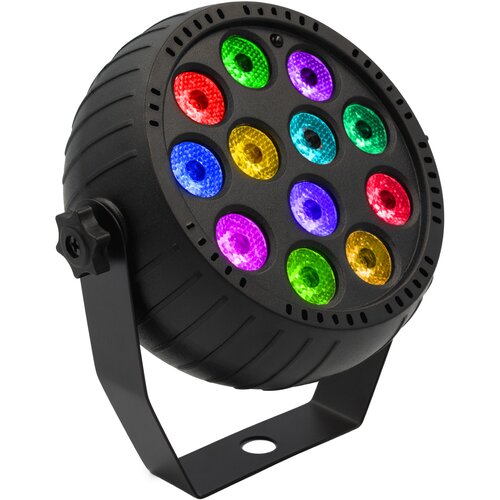 Czarny reflektor LED z dwunastoma kolorowymi diodami w różnych barwach, zamontowany na uchwycie. Diody świecą w kolorach czerwonym, zielonym, niebieskim, fioletowym i żółtym.