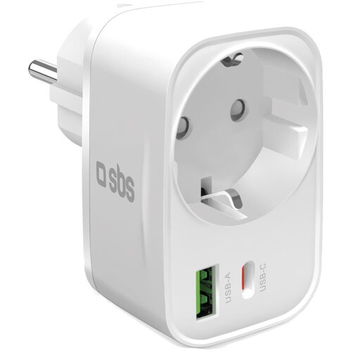 Biała ładowarka sieciowa z logo "sbs" posiada jedno gniazdo elektryczne oraz dwa porty USB oznaczone jako USB-A i USB-C.