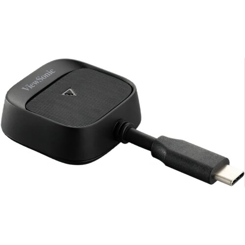 Czarny transmiter z logo "ViewSonic" na górnej powierzchni, posiadający teksturowaną powierzchnię i podłączony do kabla zakończonego wtykiem USB-C.