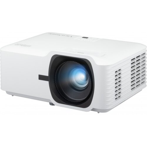Biały projektor z widocznym obiektywem, emitującym niebieskie światło, posiada napisy "ViewSonic" oraz "Luminous Superior" na obudowie. Projektor ma prostokątny kształt z otworami wentylacyjnymi po bokach.