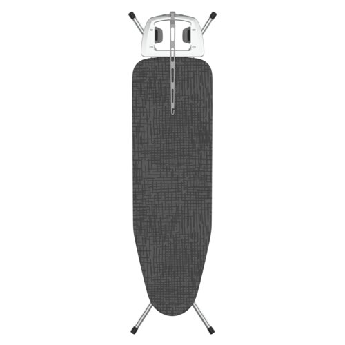Deska do prasowania z szarym pokrowcem o wzorze przypominającym nieregularną kratkę, z metalowym stelażem i uchwytem na żelazko. Produkt ma wymiary 120 x 38 cm.