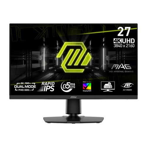 Monitor MSI z wyświetlaczem pokazującym futurystyczną grafikę i różne specyfikacje: "27 4K UHD 3840 x 2160", "4K 160Hz", "DUAL MODE FHD 320Hz", "RAPID IPS", "0.5ms GTG", "VESA CERTIFIED DisplayHDR", "AI-VISION". Na obudowie widoczne jest logo "MSI" oraz n