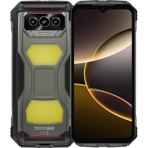 Smartfon DOOGEE V Max S 5G 8/256GB 6.58" 120Hz Szary jest widoczny z przodu i z tyłu. Na tylnej obudowie znajduje się logo "DOOGEE" oraz trzy kamery i żółty panel.