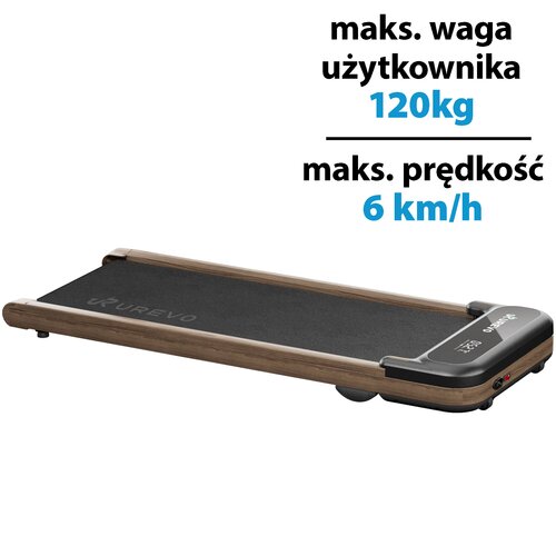 Bieżnia elektryczna z drewnianymi bokami i czarną powierzchnią do biegania, z widocznym logo "UREVO" na pasie. Obok bieżni znajduje się tekst: "maks. waga użytkownika 120kg, maks. prędkość 6 km/h".