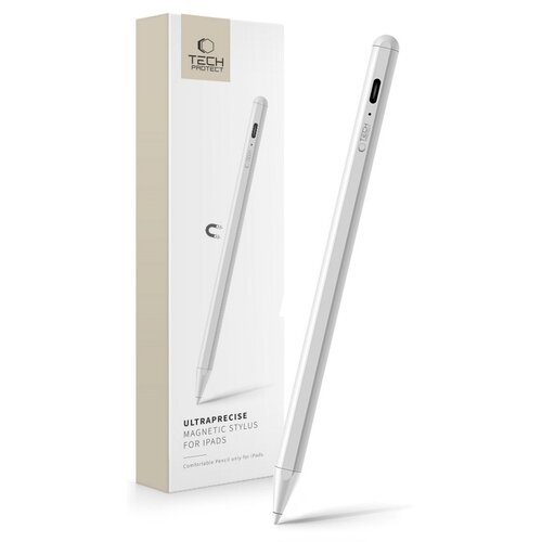 Biały rysik TECH-PROTECT UltraPrecise Magnetic Stylus jest przedstawiony obok opakowania, na którym widnieje logo "TECH PROTECT" oraz napis "ULTRAPRECISE MAGNETIC STYLUS FOR IPADS". Na opakowaniu znajduje się również informacja: "Comfortable Pencil only f