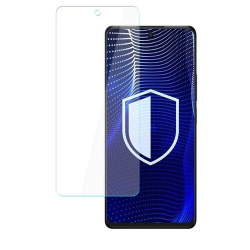 Na zdjęciu znajduje się telefon z wyświetlaczem, na którym widoczny jest niebieski wzór z białą tarczą pośrodku. Obok telefonu umieszczone jest przezroczyste szkło ochronne, które jest częścią zestawu.