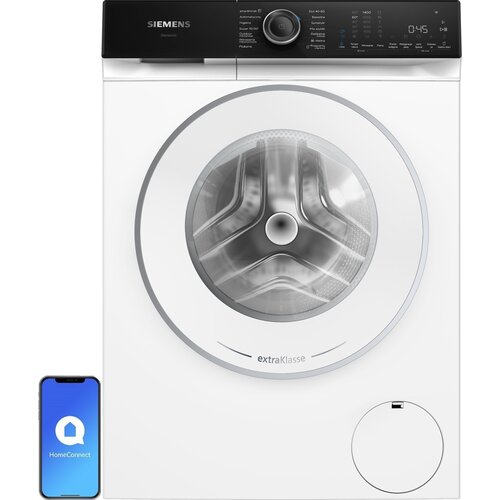 Pralka Siemens iQ500 z widocznym bębnem i panelem sterowania, na którym znajdują się przyciski i pokrętło. Obok pralki znajduje się smartfon z aplikacją HomeConnect.