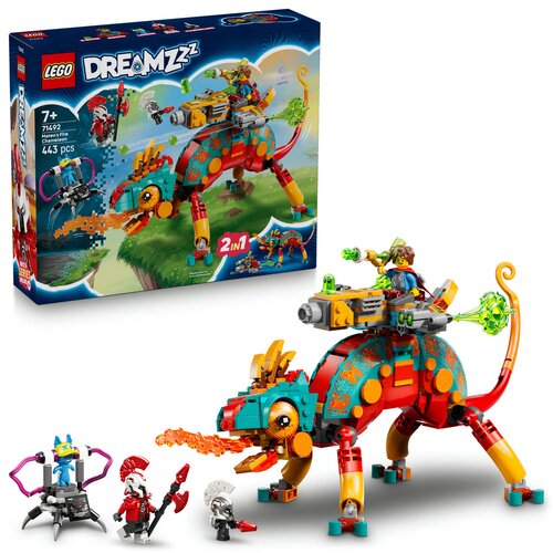 Zestaw LEGO 71492 DREAMZzz Ognisty kameleon Mateo składa się z 443 elementów i jest przeznaczony dla dzieci od 7 lat. Na opakowaniu widoczny jest kolorowy model kameleona z figurkami oraz napis "2 in 1".