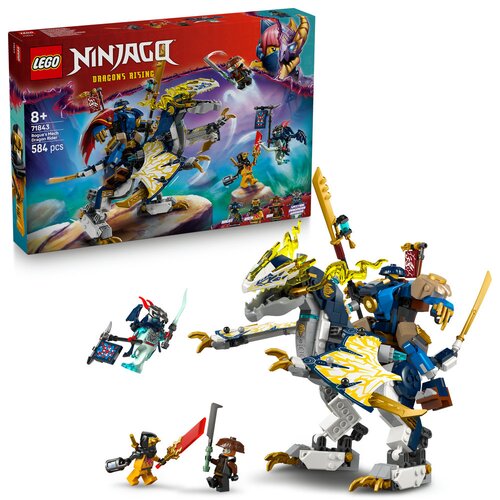 Na zdjęciu znajduje się zestaw klocków LEGO z serii NINJAGO, przedstawiający Mecha smoczego jeźdźca Rogue’a, z widocznym opakowaniem i złożonym modelem. Na opakowaniu widnieje napis: "LEGO NINJAGO DRAGONS RISING 8+ 71843 584 pcs".