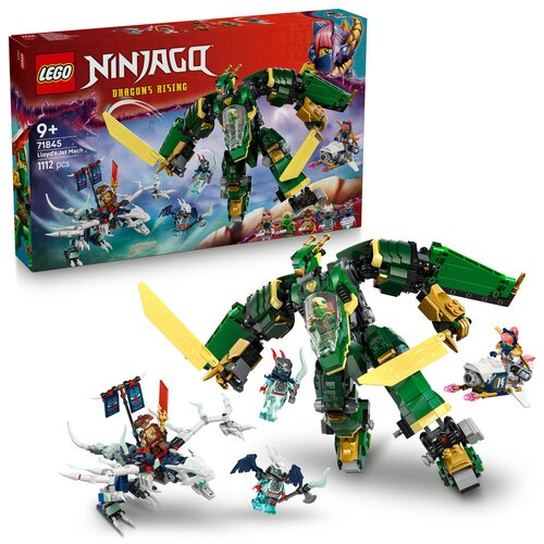 Na zdjęciu znajduje się zestaw klocków LEGO Ninjago "Dragons Rising" z dużym zielonym mechem i kilkoma mniejszymi figurkami. Na opakowaniu widnieje napis: "LEGO NINJAGO DRAGONS RISING 9+ 71845 Lloyd's Jet Mech 1112 pcs".