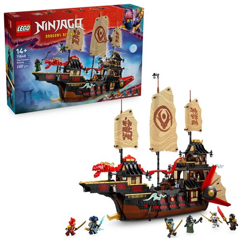Pudełko zestawu LEGO Ninjago z serii "Dragons Rising" przedstawia model statku z trzema żaglami ozdobionymi symbolami. Na opakowaniu widnieje napis "14+ 71848 The Temple of the Dragon Bounty 2381 pcs", a poniżej znajduje się złożony model statku z figurka