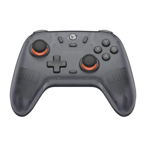 Szary kontroler do gier z przezroczystą obudową, posiadający dwa analogowe drążki z pomarańczowymi akcentami, krzyżak, przyciski A, B, X, Y oraz logo "GAMESIR" na środku.