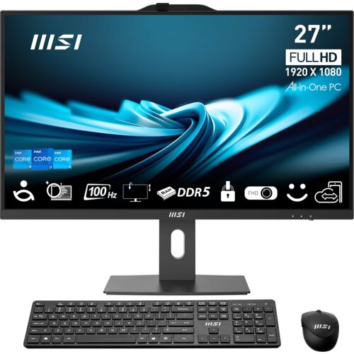 Na zdjęciu widoczny jest komputer typu All-in-One marki MSI z ekranem 27" o rozdzielczości Full HD 1920 x 1080, klawiatura oraz mysz. Na ekranie znajdują się informacje: "intel Core i5", "100 Hz", "DDR5", "FHD", a także logo MSI.