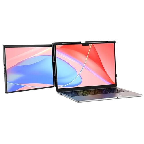 Na zdjęciu znajduje się laptop z dodatkowym, bocznym ekranem, oba wyświetlają kolorową grafikę z dominującymi odcieniami czerwieni i niebieskiego. Klawiatura laptopa jest widoczna, a obudowa ma metaliczne wykończenie.