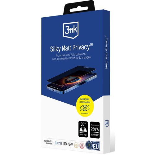 Niebieskie opakowanie produktu z logo "3mk" zawiera napis "Silky Matt Privacy™" oraz ilustrację telefonu z nałożoną folią ochronną. Na opakowaniu znajdują się także oznaczenia certyfikatów, ikony informujące o kącie prywatności 30° i wytrzymałości do 250%