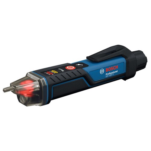 Na zdjęciu znajduje się tester napięcia w kolorze niebiesko-czarnym z widocznym logo "BOSCH Professional GVD 1000-17". Urządzenie ma czerwony przycisk z symbolem włączania oraz oznaczenia "NCV" i "CAT II 1000V".