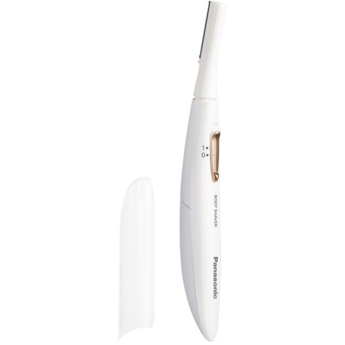 Biały trymer z napisem "Panasonic" i oznaczeniem "BODY SHAVER" na obudowie, z widocznym przełącznikiem z pozycjami "1" i "0", obok przezroczysta nasadka ochronna.
