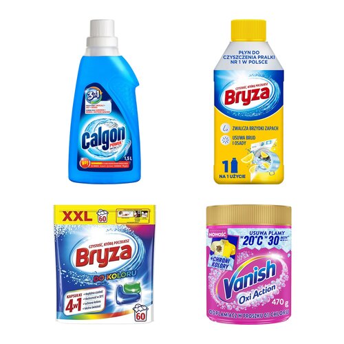 Odkamieniacz do pralki CALGON Power 1500 ml + Płyn do czyszczenia pralki BRYZA Lemon 250 ml + Kapsułki do prania BRYZA 4w1 Color - 60 szt. + Odplamiacz do prania VANISH Oxi Action Różowy 0.47 kg