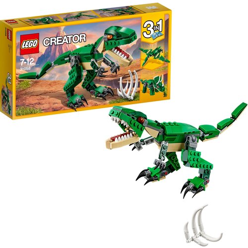 Pudełko zestawu LEGO Creator 3w1 Potężne dinozaury 31058 przedstawia zielonego dinozaura na tle krajobrazu, z widocznymi elementami do zbudowania trzech różnych modeli. Na opakowaniu znajduje się logo LEGO oraz oznaczenie wiekowe 7-12.