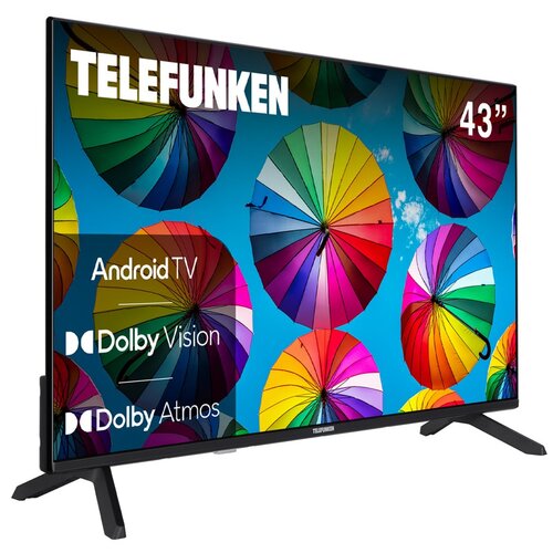 Telewizor z kolorowym wyświetlaczem przedstawiającym parasole na tle nieba, z widocznymi napisami: "TELEFUNKEN", "43”", "Android TV", "Dolby Vision" i "Dolby Atmos". Produkt stoi na dwóch nóżkach, a na ramce widoczne jest logo "TELEFUNKEN".