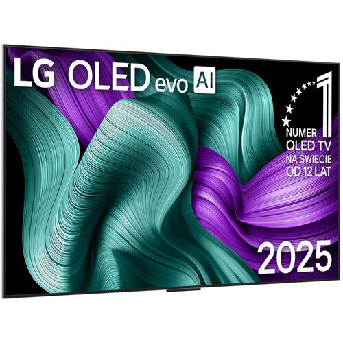 Telewizor z wyświetlaczem prezentującym abstrakcyjne, faliste wzory w odcieniach zieleni i fioletu. Na ekranie widoczny jest tekst: "LG OLED evo AI", "NUMER 1 OLED TV NA ŚWIECIE OD 12 LAT" oraz "2025".