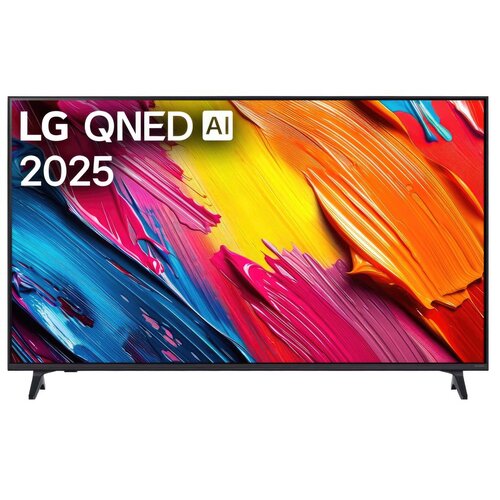 Telewizor z kolorowym, abstrakcyjnym wzorem na ekranie, z widocznym tekstem "LG QNED AI 2025" w lewym górnym rogu. Obudowa telewizora jest czarna, a ekran wsparty jest na dwóch nóżkach.