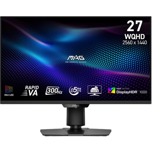 Monitor z wyświetlaczem o przekątnej 27 cali i rozdzielczości 2560x1440 pikseli, z widocznymi napisami: "MAG MSI ARSENAL GAMING", "Mini LED", "RAPID VA", "300Hz", "0.5ms GTG", "VESA CERTIFIED DisplayHDR 1000". Na ekranie widoczny jest kolorowy, abstrakcyj