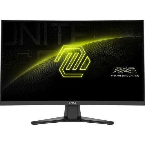 Monitor z zakrzywionym ekranem wyświetla grafikę z neonowym logo i napisem "MAG MSI ARSENAL GAMING". Na dolnej ramce widoczne jest logo "msi".