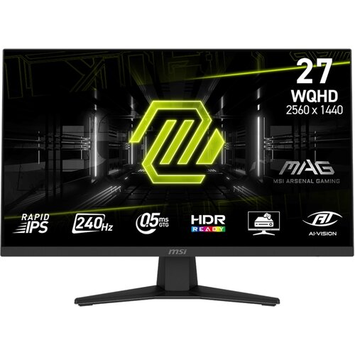 Monitor z wyświetlaczem prezentującym grafikę z neonowym logo i specyfikacjami: "27 WQHD 2560 x 1440", "RAPID IPS", "240Hz", "0.5ms GTG", "HDR READY", "AI-VISION". Widoczne logo "MSI" oraz napis "MAG MSI ARSENAL GAMING".