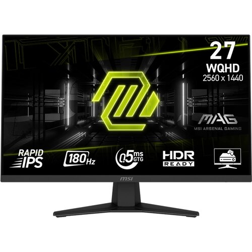 Na zdjęciu widoczny jest monitor z logo MSI na dolnej ramce, z wyświetlanymi informacjami: "27 WQHD 2560 x 1440", "RAPID IPS", "180Hz", "0.5ms GTG", "HDR READY" oraz "MAG MSI ARSENAL GAMING". Tło ekranu jest ciemne z neonowym, zielonym wzorem geometryczny
