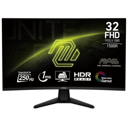 Monitor MSI MAG 32C6X 31.5" z zakrzywionym ekranem o rozdzielczości 1920x1080px, częstotliwości odświeżania 250Hz i czasie reakcji 1 ms [MPRT]. Na ekranie widoczne są napisy: "32 FHD 1920x1080 1500R", "Overclock to 250Hz", "1ms", "HDR Ready", "Wide Color 