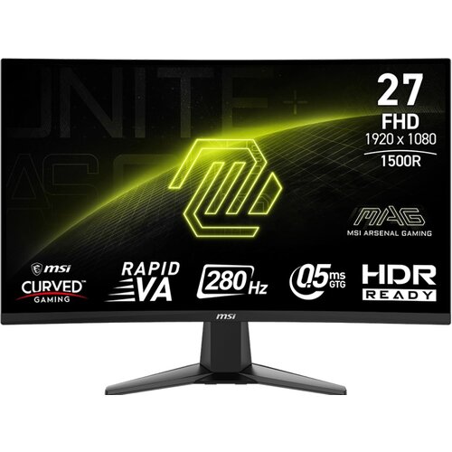 Monitor z zakrzywionym ekranem wyświetla informacje: "27 FHD 1920 x 1080 1500R", "RAPID VA", "280 Hz", "0.5 ms GTG", "HDR READY", oraz logo "MSI Curved Gaming" i "MAG MSI Arsenal Gaming". Tło jest ciemne z zielonymi elementami graficznymi.