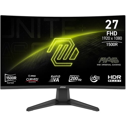 Monitor MSI z zakrzywionym ekranem, na którym widoczne są napisy: "27 FHD 1920 x 1080 1500R", "MAG MSI Arsenal Gaming", "1500R Curved", "Rapid VA", "200Hz", "0.5ms GTG", "HDR Ready". Na dole ekranu znajduje się logo MSI.