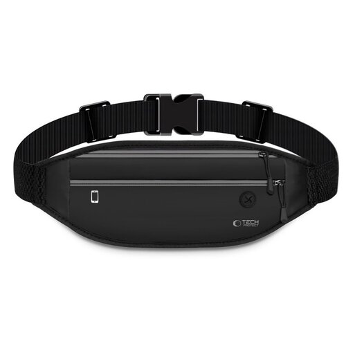 Czarne etui TECH-PROTECT M7 w formie saszetki z dwoma zamkami błyskawicznymi i regulowanym paskiem. Na etui widoczne jest logo "TECH PROTECT" oraz ikona telefonu.