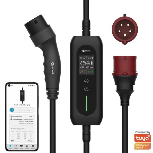 Na zdjęciu znajduje się ładowarka do samochodu elektrycznego z wyświetlaczem pokazującym parametry ładowania, obok widoczny jest smartfon z aplikacją do zarządzania ładowaniem. W prawym dolnym rogu znajduje się logo "Powered by tuya".