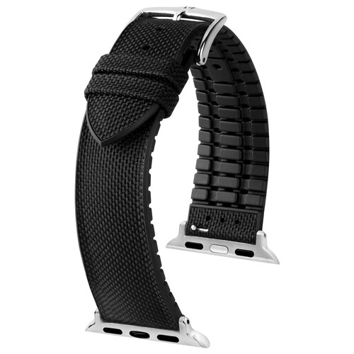 Czarny pasek do zegarka z teksturowaną powierzchnią i metalowymi zapięciami, przeznaczony do Apple Watch 42/44/45/46/49, widoczny z adapterem. Produkt ma elegancki design z wyraźnie zaznaczonymi szwami i klamrą.