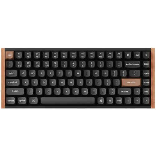 Czarno-brązowa klawiatura mechaniczna z układem QWERTY, posiada klawisze funkcyjne od F1 do F12 oraz klawisze specjalne takie jak "esc", "enter", "shift", "control", "option", "caps lock", "tab", "backspace", "del", "pgup", "pgdn", "home" i "end". Klawisz