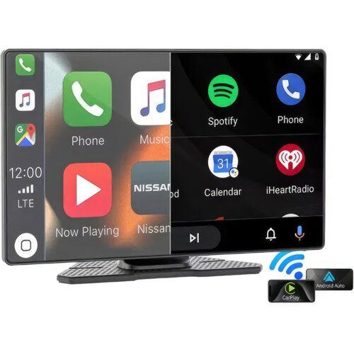 Na zdjęciu widoczny jest ekran z interfejsem CarPlay i Android Auto, podzielony na dwie części, z ikonami aplikacji takimi jak Phone, Music, Spotify, Calendar i iHeartRadio. W dolnym rogu znajdują się ikony CarPlay i Android Auto z symbolami łączności bezprzewodowej.