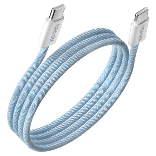 Niebieski kabel USB-C do USB-C o długości 1 metra, z białymi końcówkami, na których widnieje napis "VEN-DENS". Kabel jest zwinięty w luźną pętlę.