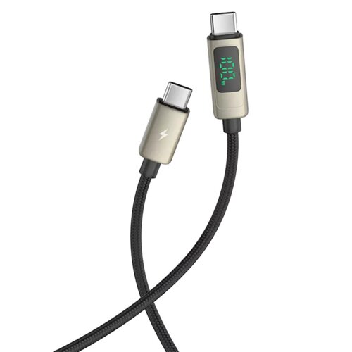 Czarny kabel USB-C do USB-C o długości 1,5 metra z plecionym oplotem, posiadający wyświetlacz LCD na jednym z końców, pokazujący wartość "88W". Drugi koniec kabla ma symbol błyskawicy.