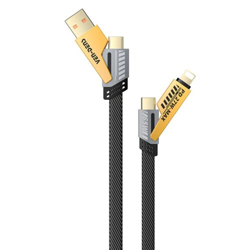 Czarny kabel o długości 1,2 metra z końcówkami USB-C/USB i USB-C/Lightning, oznaczony napisami "VEN-DENS", "65W" oraz "PD 27W MAX". Końcówki są w kolorze złotym i szarym, a kabel ma plecioną osłonę.