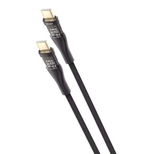 Czarny kabel USB-C do USB-C o długości 1,5 metra z widocznymi końcówkami, na których znajduje się napis "VEN-DENS". Końcówki kabla mają metaliczne złącza i są otoczone czarną obudową.