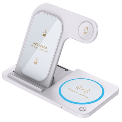 Biała ładowarka indukcyjna z miejscem na telefon i słuchawki, z widocznym napisem "VEN-DENS Wireless Charger" oraz "Charger for earphone". Na powierzchni ładowarki znajdują się ikony baterii i telefonu.