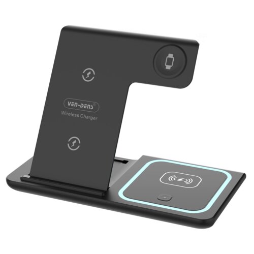 Czarna ładowarka indukcyjna 3w1 z logo "VEN-DENS" i napisem "Wireless Charger" na pionowej części, posiada miejsce na telefon oraz dodatkową powierzchnię do ładowania z symbolem ładowania. Produkt ma nowoczesny design z delikatnym podświetleniem na krawędziach.