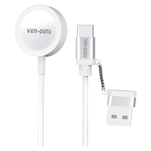 Biała ładowarka do smartwatcha z okrągłą końcówką i kablem, na którym widnieje logo "VEN-DENS". Obok znajduje się złącze USB-C z odłączaną końcówką USB na krótkim łańcuszku, również z logo "VEN-DENS".