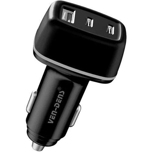 Czarna ładowarka samochodowa z trzema portami USB, na której widnieje napis "VEN-DENS". Produkt ma kompaktowy, nowoczesny design z metalicznymi akcentami.