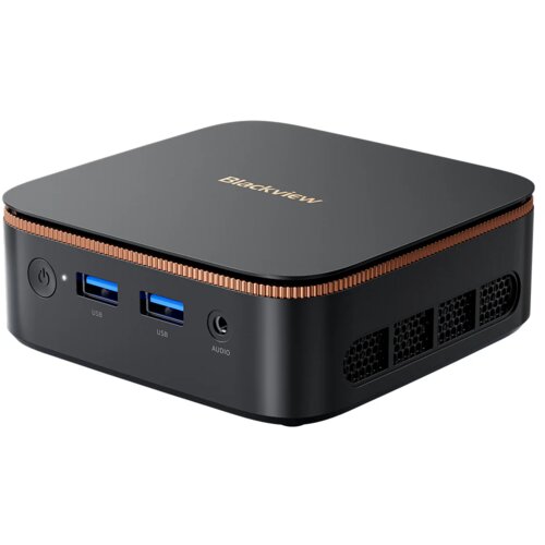 Czarny, kompaktowy komputer z logo "Blackview" na górnej powierzchni, posiada dwa porty USB, gniazdo audio oraz przycisk zasilania na przednim panelu. Po bokach widoczne są otwory wentylacyjne.