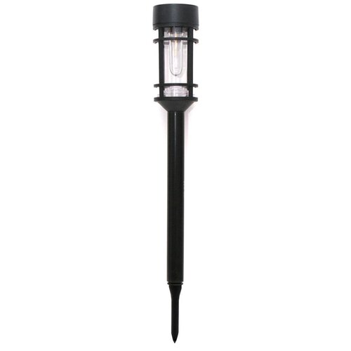 Czarna lampa solarna z przezroczystym kloszem i widocznym wewnątrz źródłem światła, osadzona na długim, smukłym trzonku zakończonym szpikulcem. Produkt nie posiada widocznych napisów ani logo.
